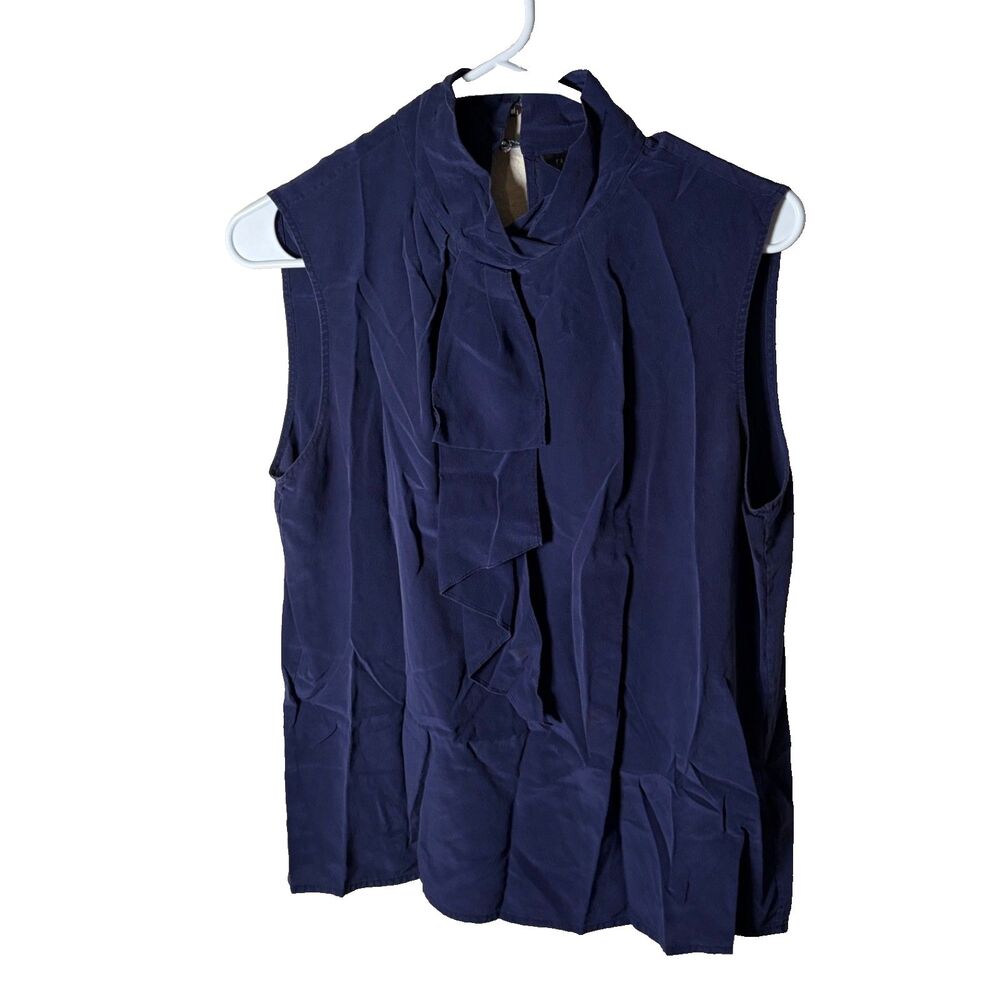 Ted Baker Tank Top Women's 4 Navy Blue 100% Silk Sleeveless Mock Neck Shirt